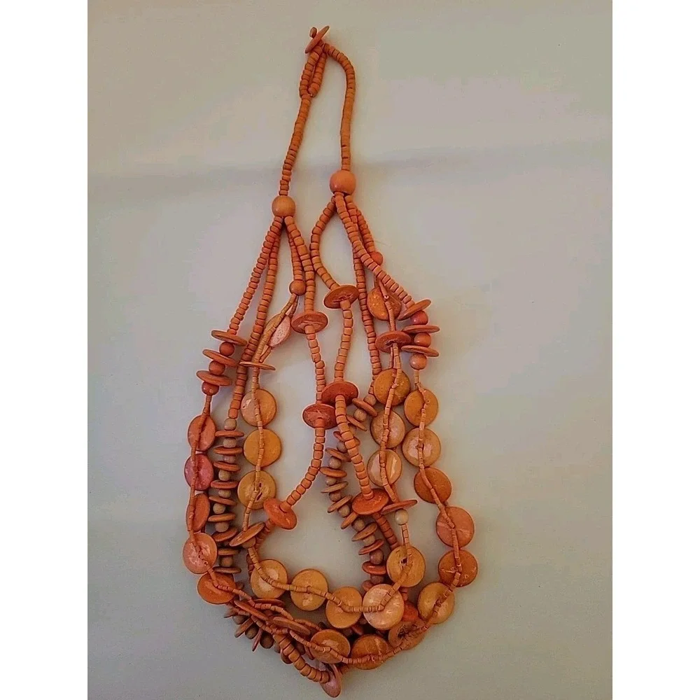 Necklace Dyed Wood‎ Beads Discs Multistrand Tiered Orange Boho Retro